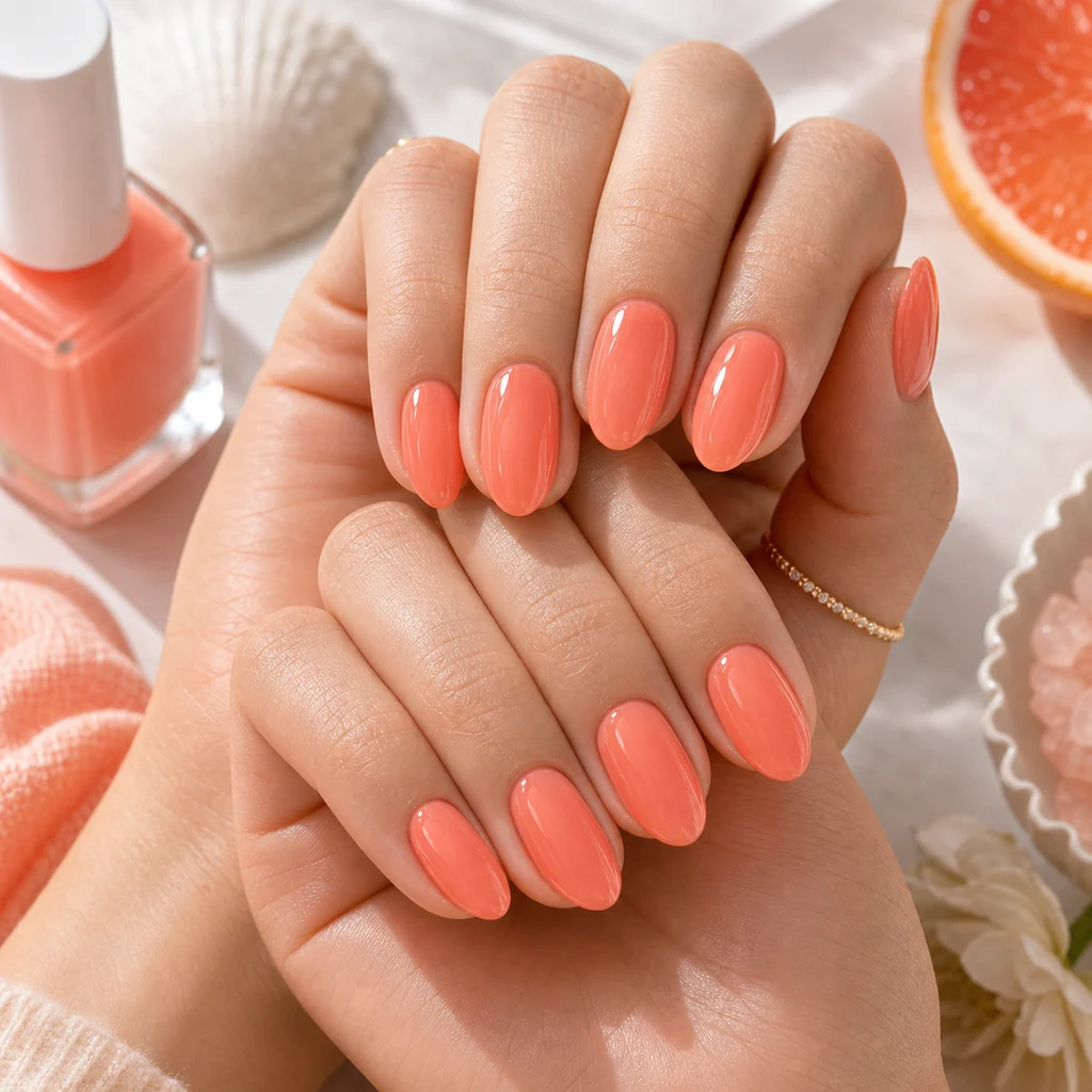 Coral sorbet summer nails with glossy short almond manicure