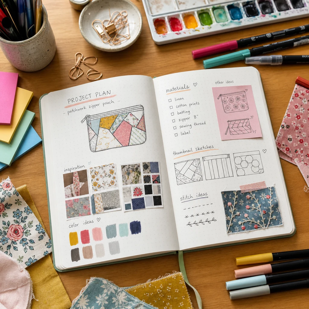 Creative project planning journal with sketches, color tests, sticky notes, and craft supplies