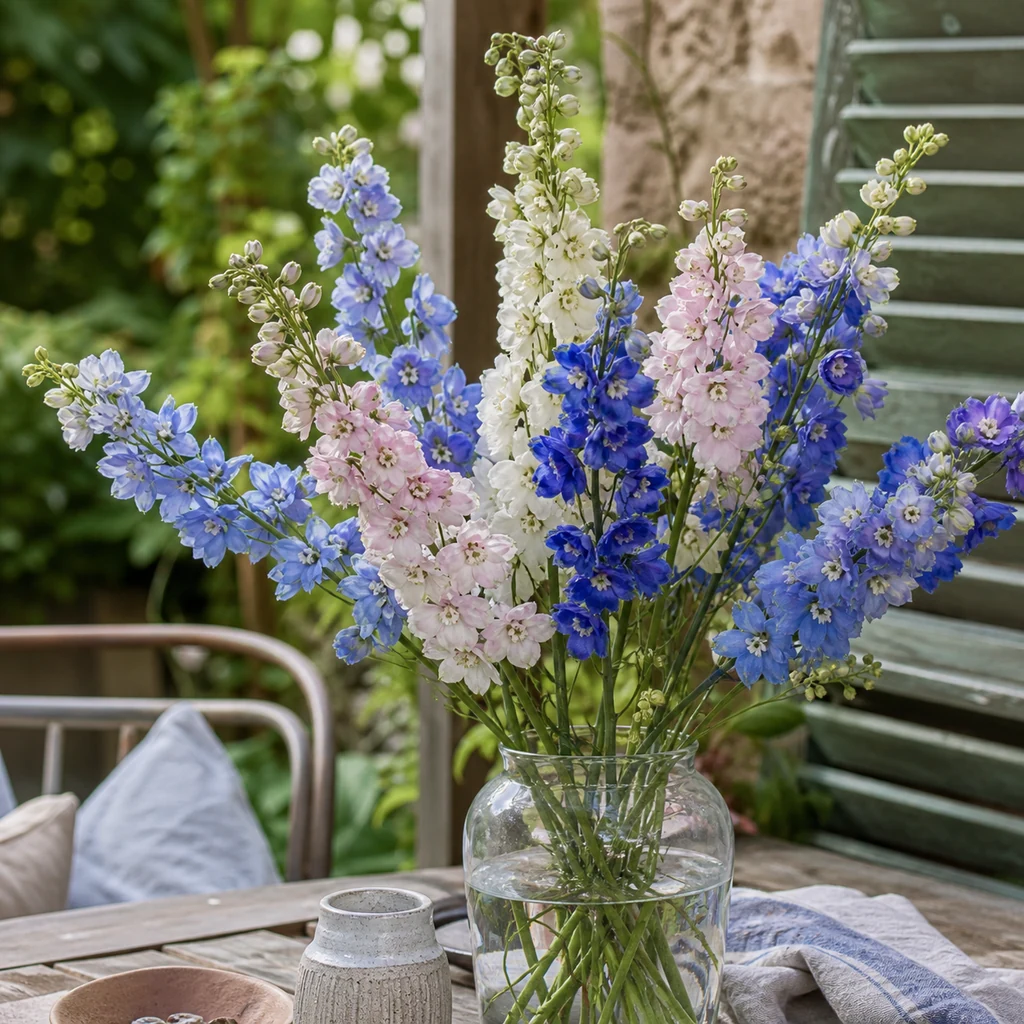 Fresh cut blue pink and white delphinium flowers arranged in a glass vase