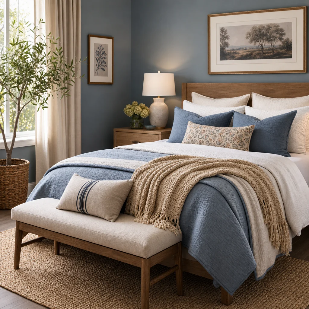 Decorative guest bedroom with muted blue bedding, natural wood, woven rug, wall art, and layered textures