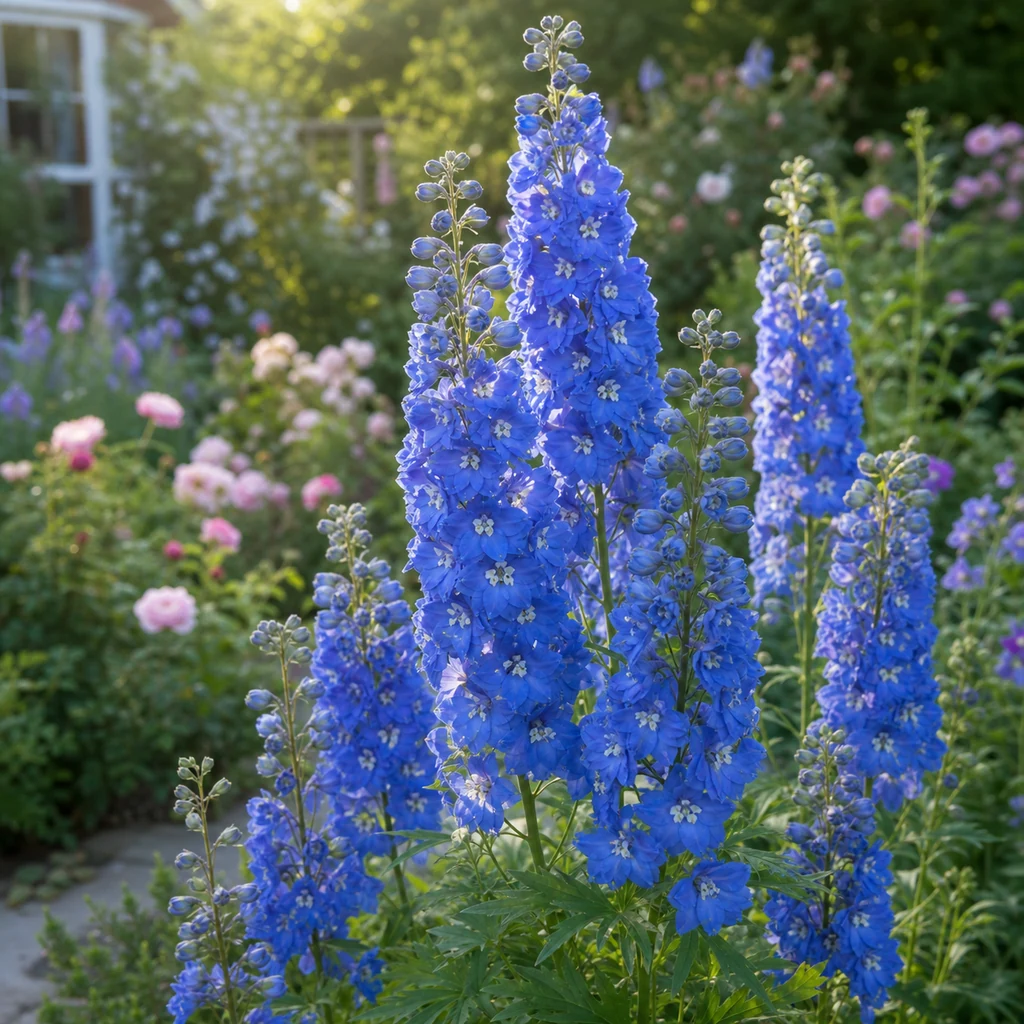 Tall blue delphinium flowers blooming in a sunny perennial garden border
