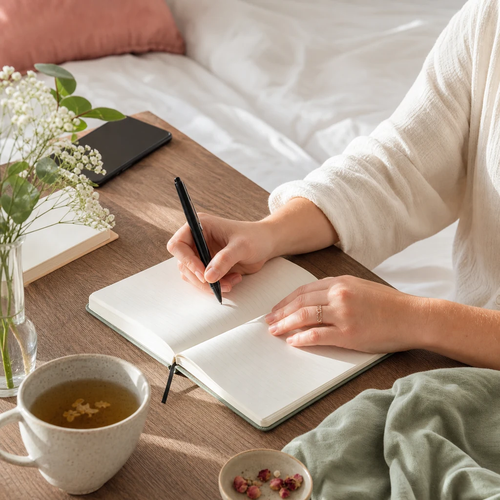 A calm journal scene for recognizing dependence on someone else's opinion