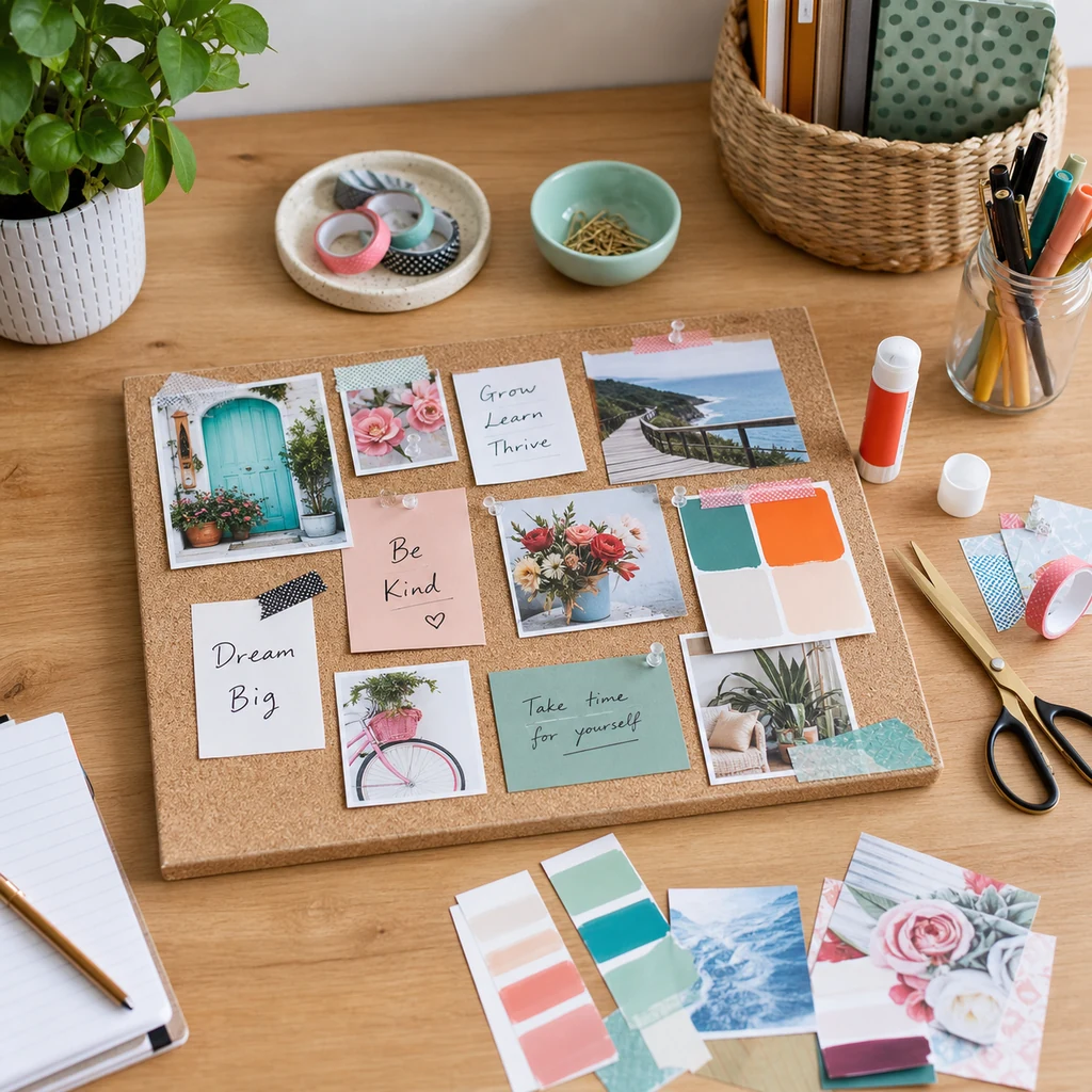 DIY vision board project with magazine cutouts, color swatches, washi tape, and craft tools on a tabletop