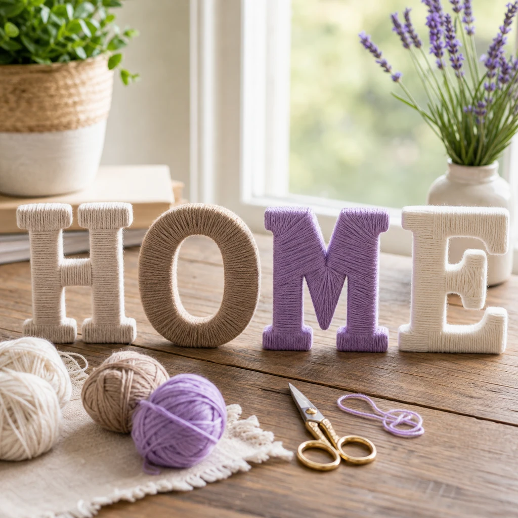 Finished DIY yarn wrapped letters displayed on a craft table
