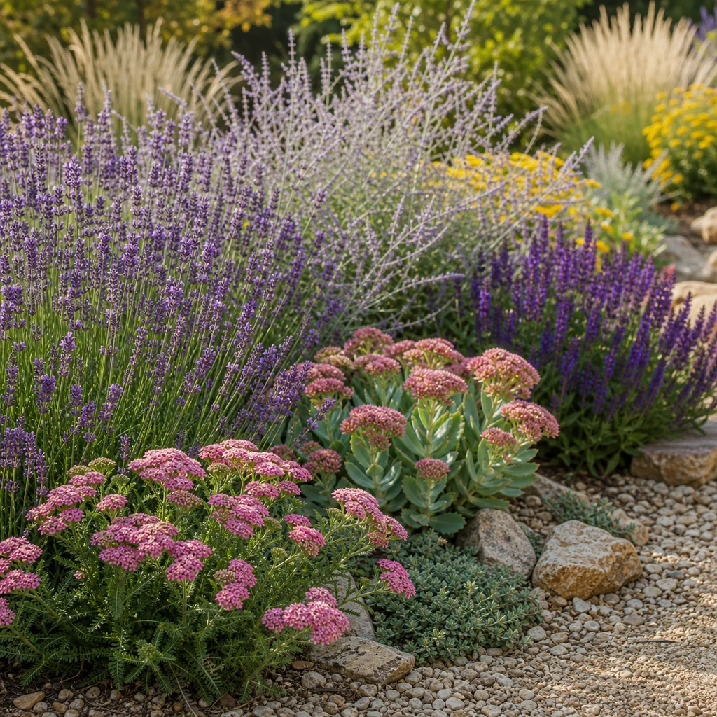 Drought tolerant easy perennials with lavender, yarrow, sedum, Russian sage, salvia, and ornamental grasses