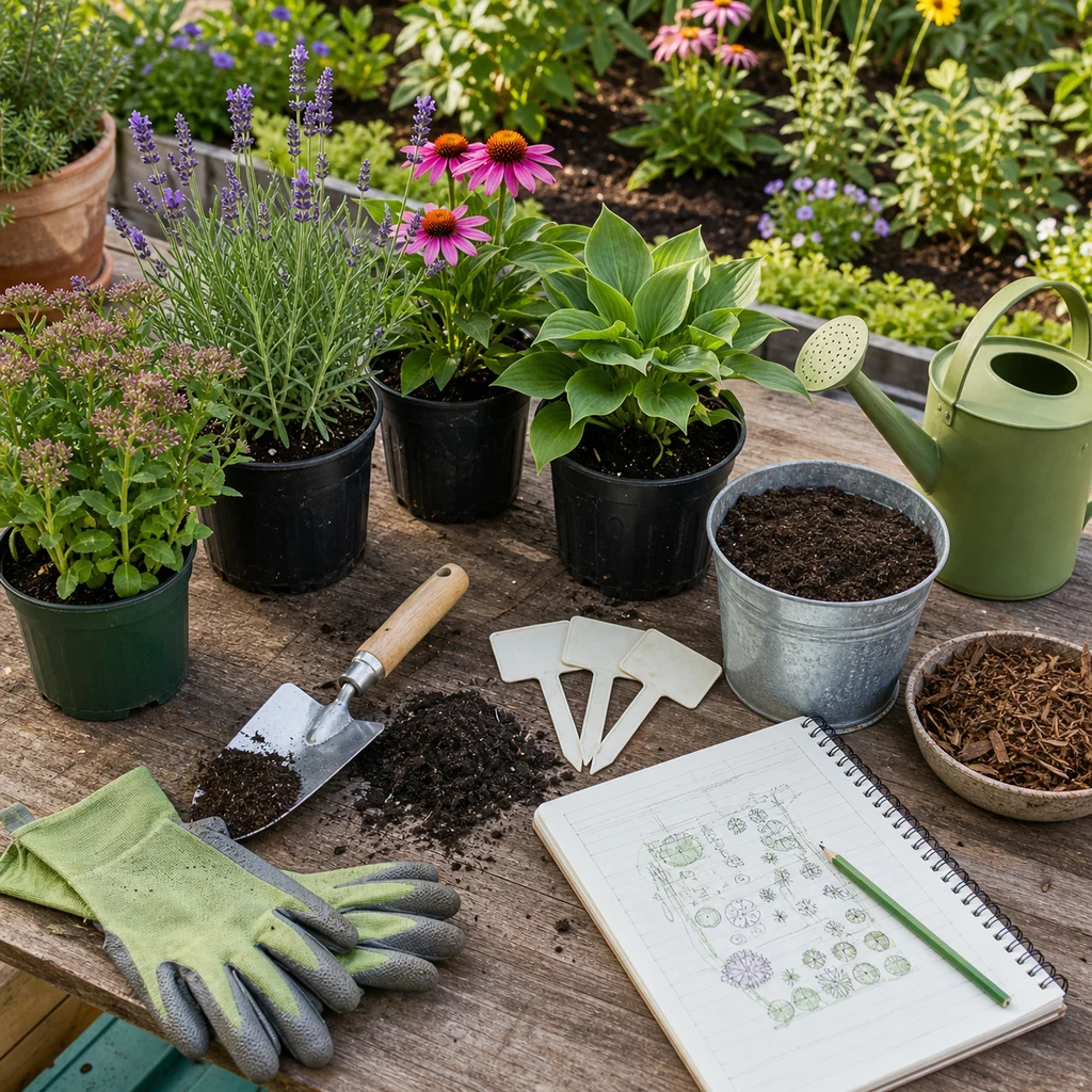 Beginner perennial planting setup with young plants, trowel, gloves, compost, watering can, mulch, and plant tags