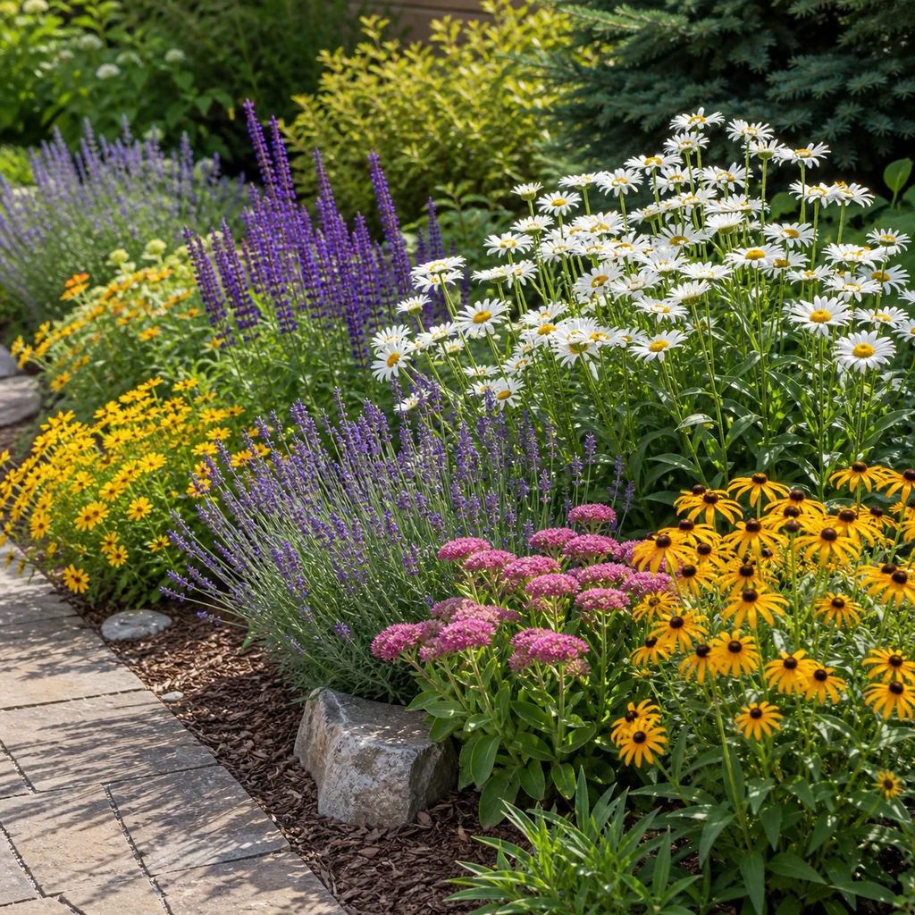 Sunny garden border with easy perennials including daisies, black-eyed Susans, lavender, salvia, coreopsis, and sedum