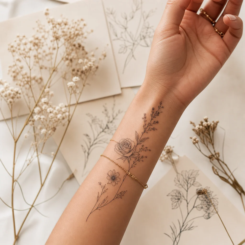 Fine-line flower tattoo on wrist and forearm with delicate botanical details
