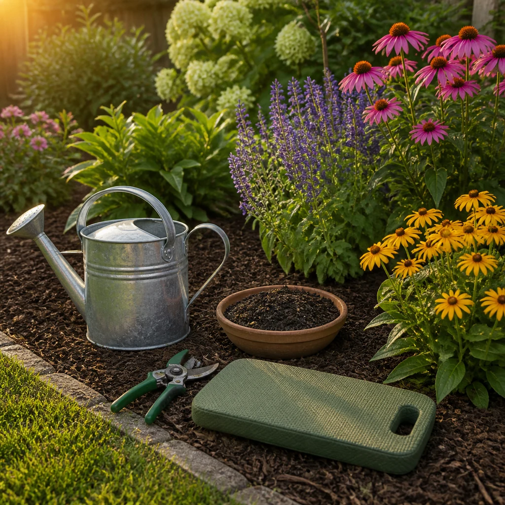 flower garden care tools with watering can pruning shears mulch and blooming plants