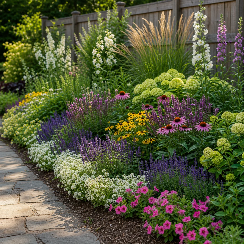 layered flower garden border with perennials annuals edging plants and mulch