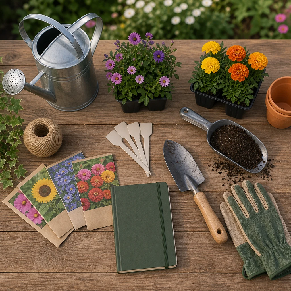 flower garden planning tools with seedlings gloves trowel watering can and plant tags