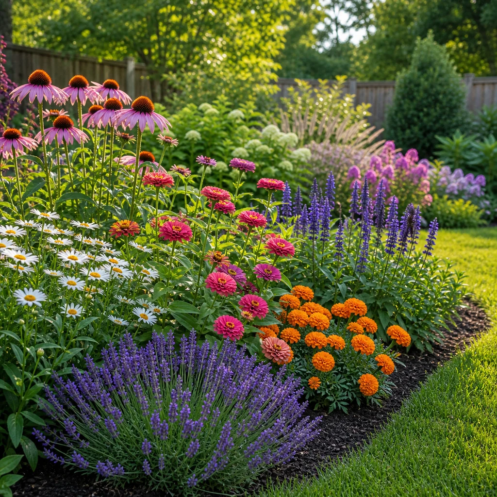 colorful flower garden plants in a layered sunny backyard garden bed