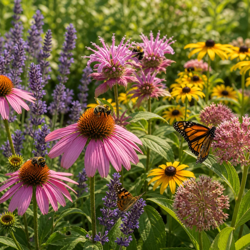 Small patio garden with pollinator friendly flowers including lavender coneflowers and bee balm