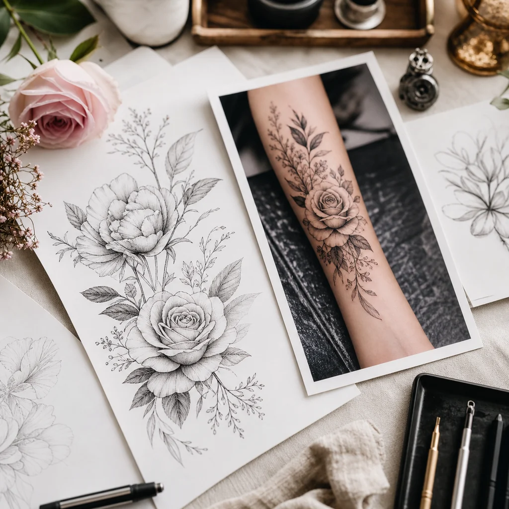 Flower tattoo inspiration with botanical sketches, rose and peony designs, and fine-line tattoo reference art