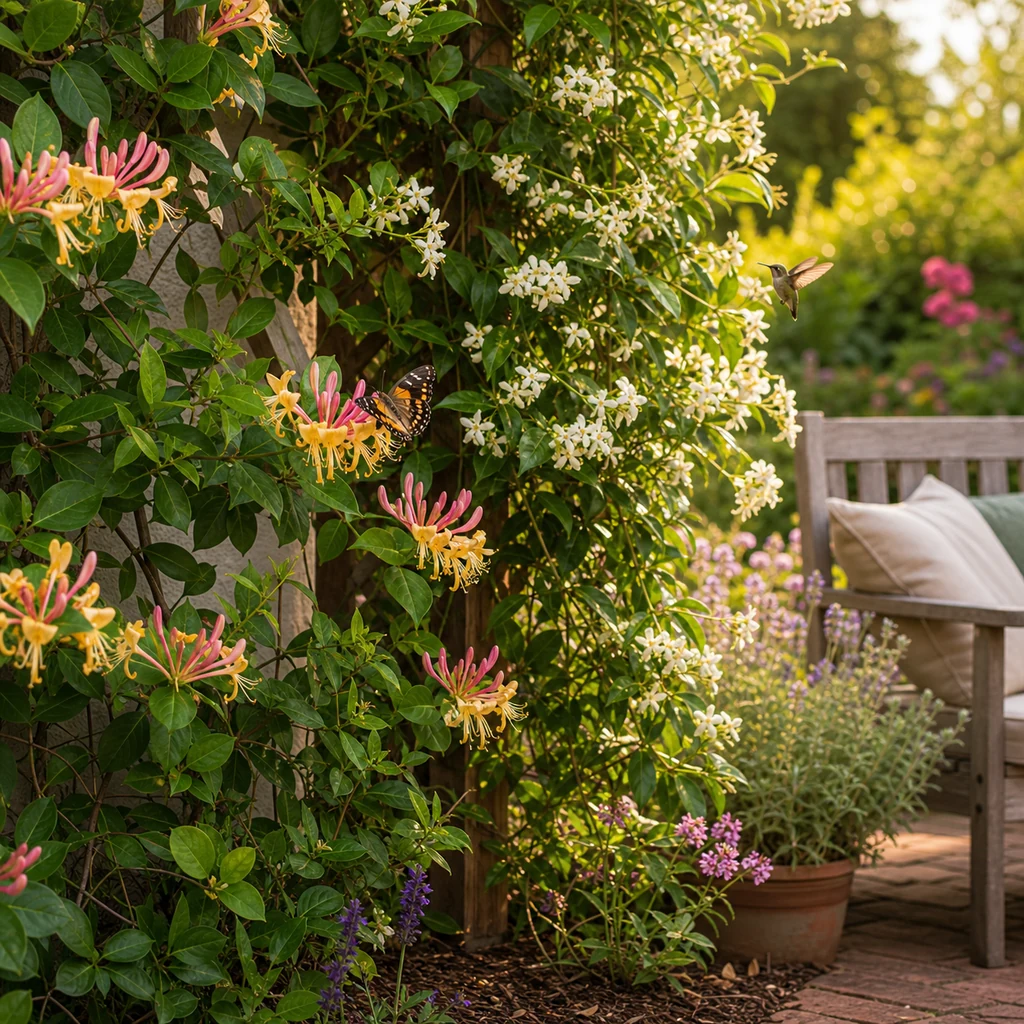 Fragrant pollinator friendly climbing vines with honeysuckle and jasmine style flowers near a patio trellis