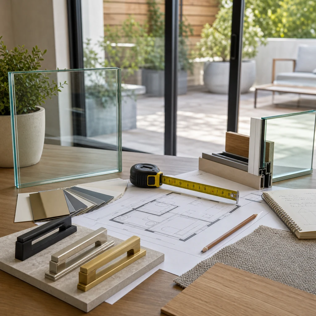 Frameless glass sliding door renovation planning with floor plan, measuring tape, hardware samples, and notebook
