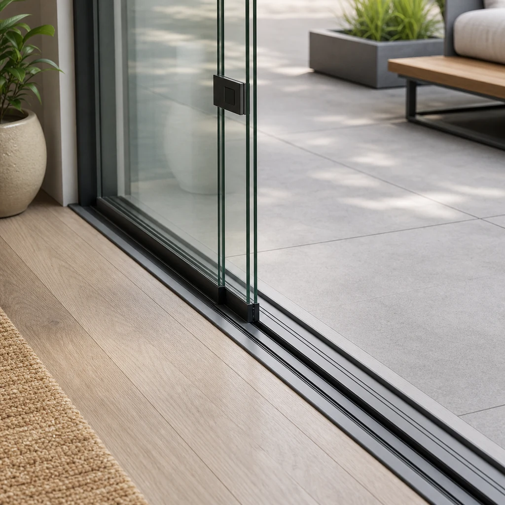 Close up of frameless glass sliding door panels with slim track, discreet handle, and clean floor transition