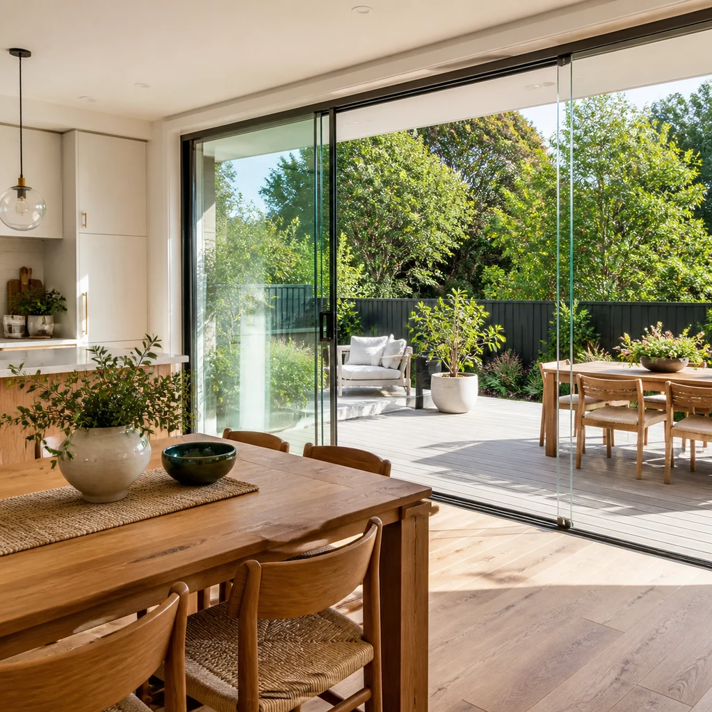 Bright kitchen dining area with frameless glass sliding doors connecting to an outdoor deck