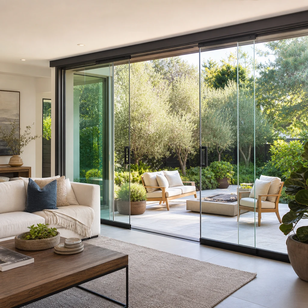 Modern living room with frameless glass sliding doors opening to a patio and garden