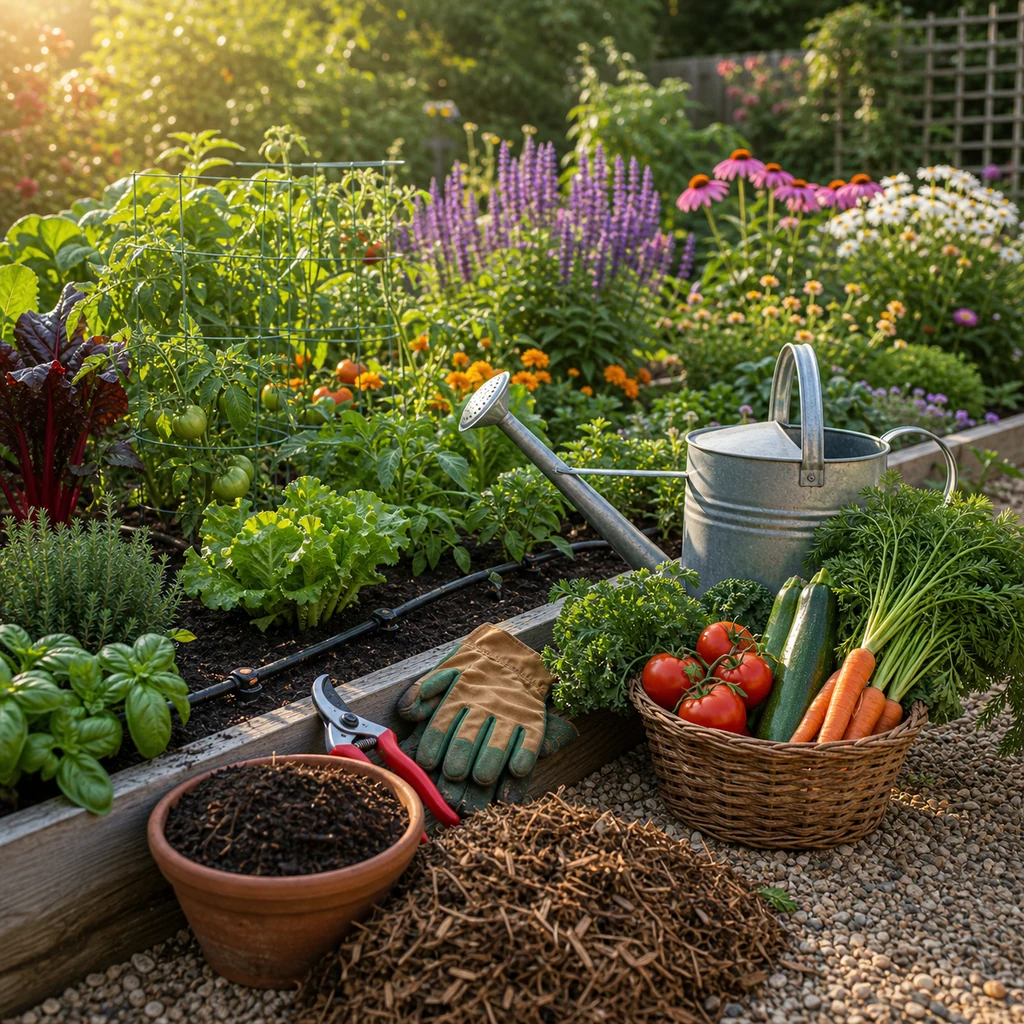 garden care and maintenance tools with watering can mulch compost pruning shears and vegetables