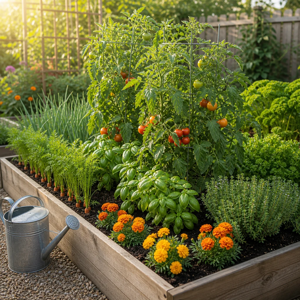 companion planting garden bed with tomatoes basil marigolds carrots onions and herbs