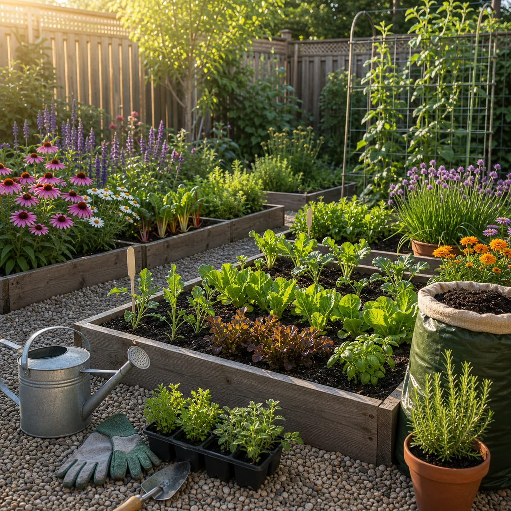 garden planting guide with raised beds herbs flowers vegetables seedlings and watering can