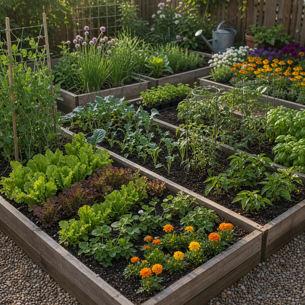 seasonal garden planting layout with lettuce tomatoes peppers herbs marigolds and raised beds