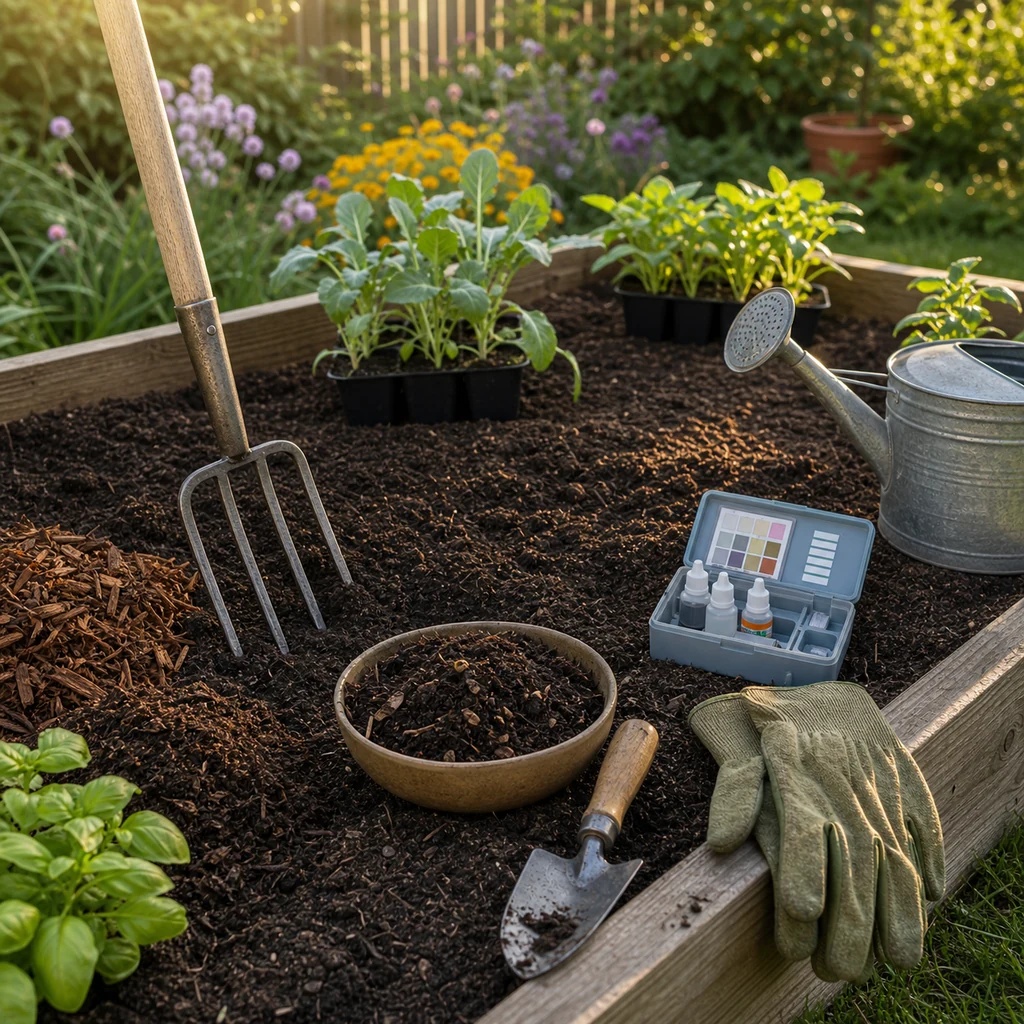 garden soil preparation with compost trowel watering can soil test kit and seedlings