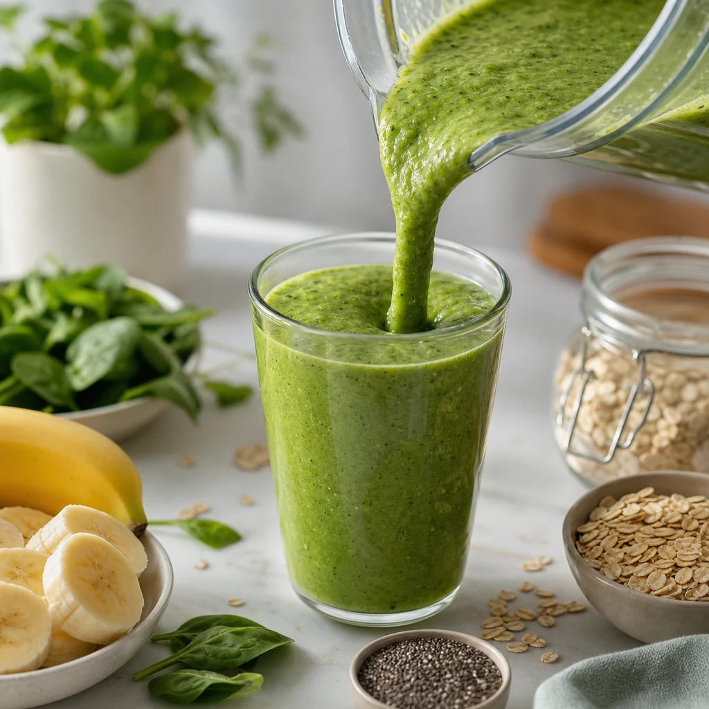 Green breakfast smoothie being poured from a blender into a glass