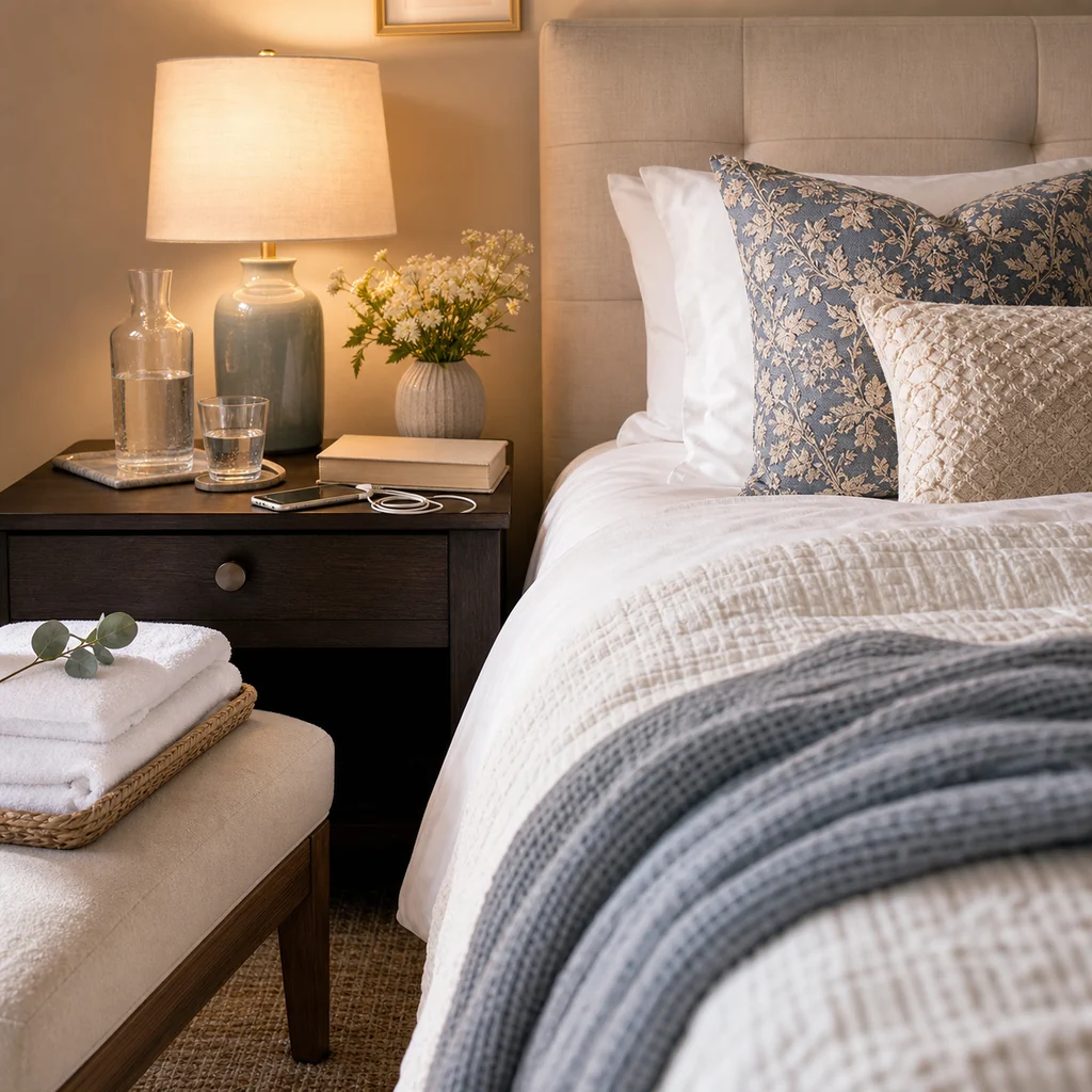 Guest bedroom nightstand essentials with water carafe, flowers, book, charger, towels, and layered bedding