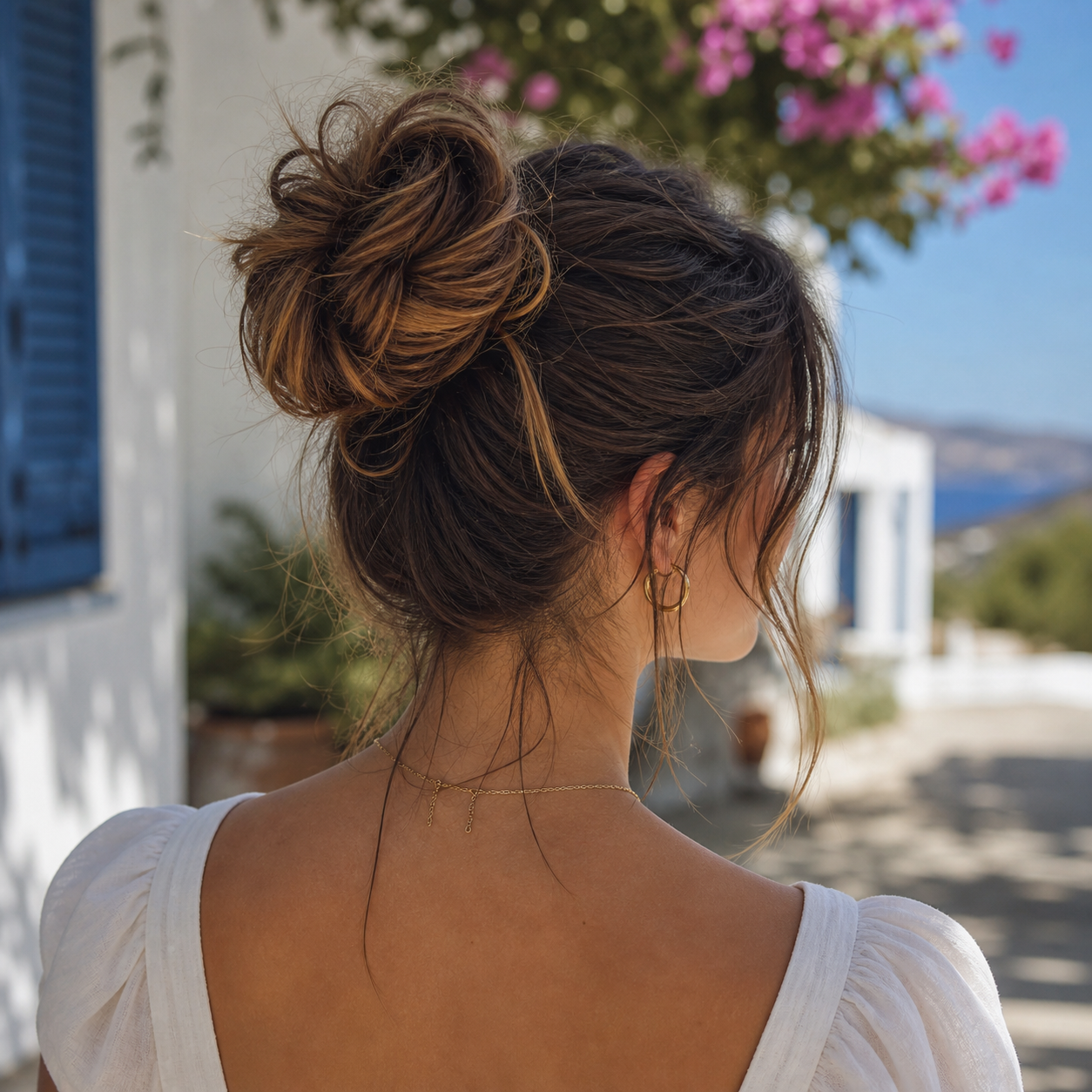 Relaxed messy bun hairstyle for hot summer days