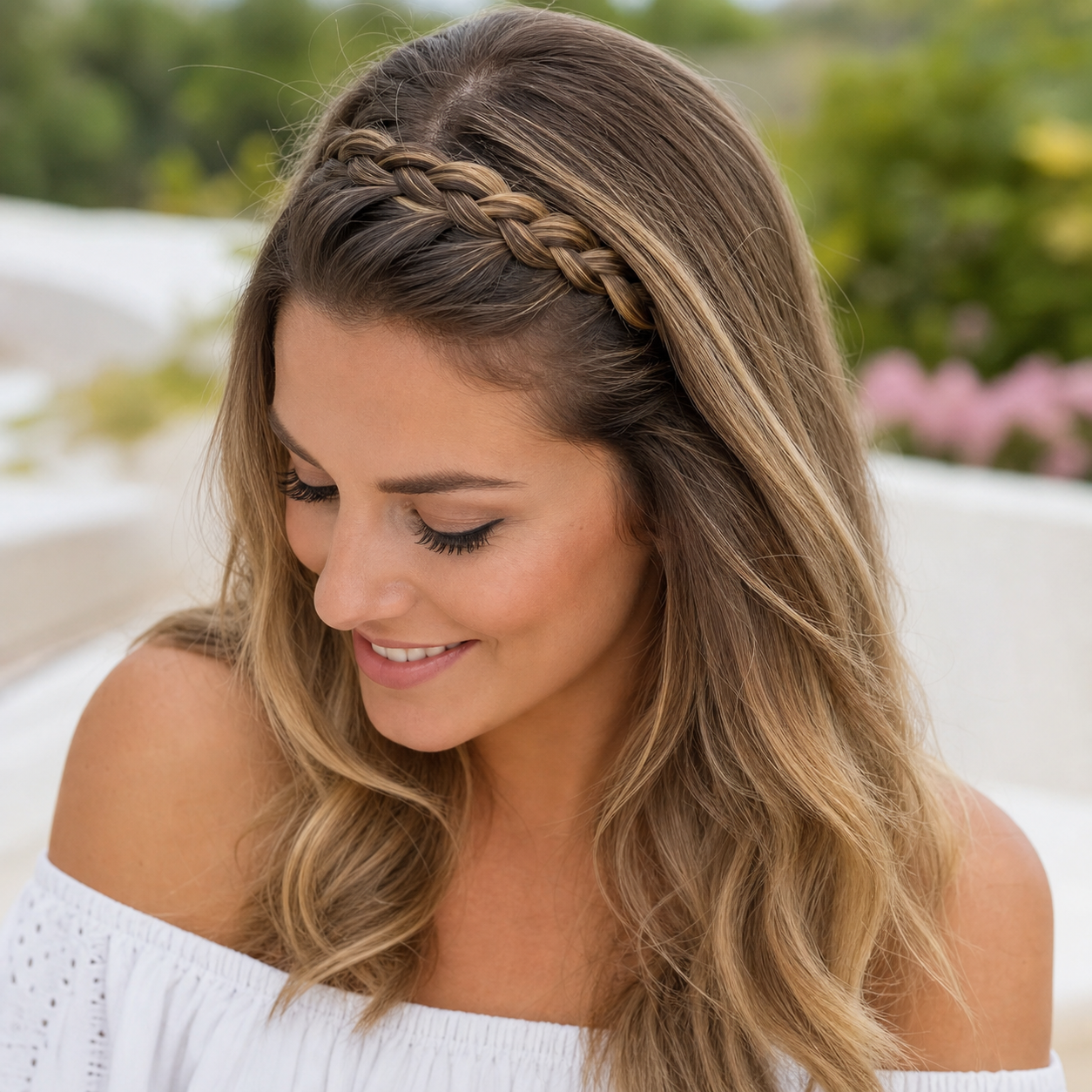 Braided headband hairstyle keeping front hair away from the face
