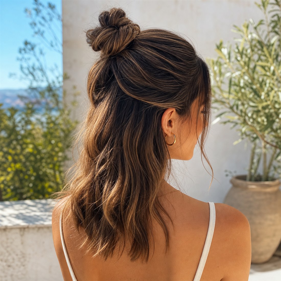 Half-up top knot hairstyle with loose lower hair for summer