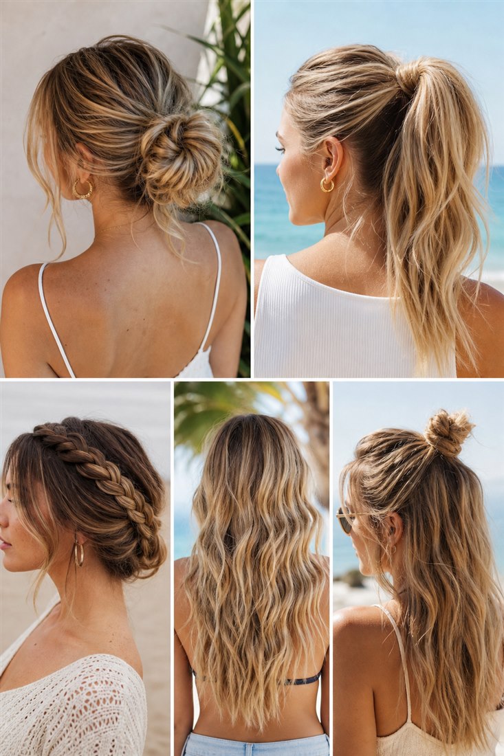 Pinterest collage of five quick hairstyles for hot summer days