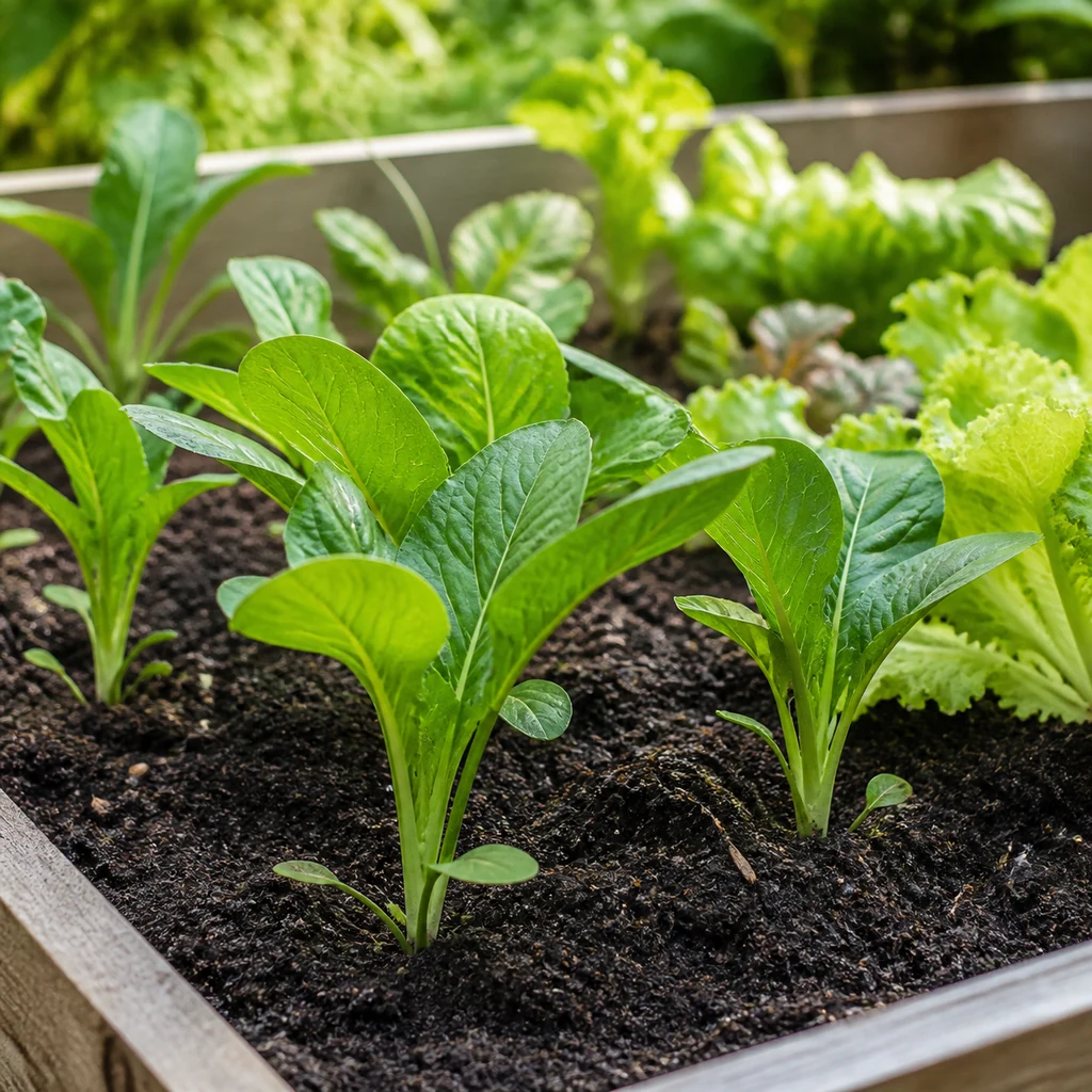 Healthy young plants growing in rich compost amended soil