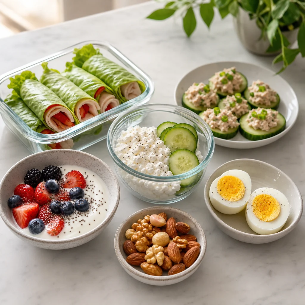 High-protein 21-Day Fix snack combinations with Greek yogurt, eggs, cottage cheese, turkey roll-ups, and nuts