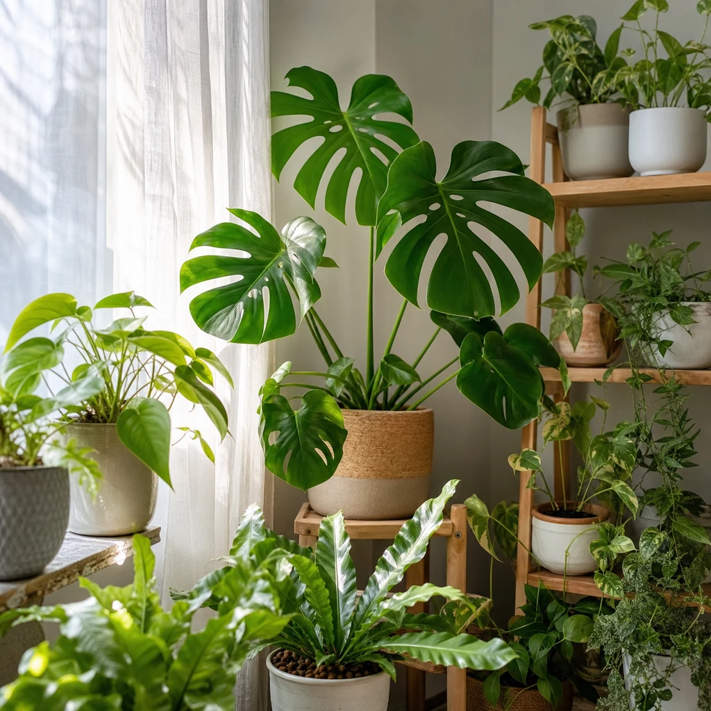 Healthy indoor plants growing near bright filtered window light