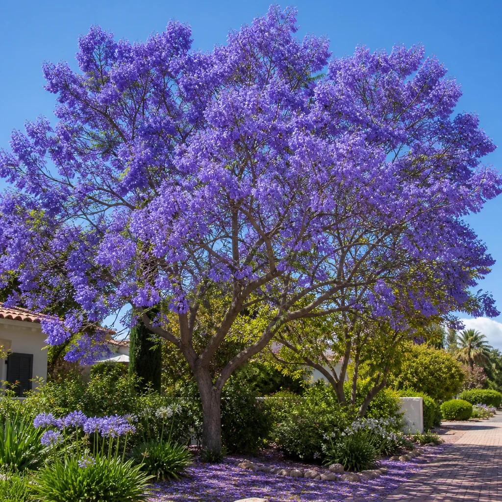 Mature jacaranda purple flower tree in full spring bloom in a sunny warm climate garden