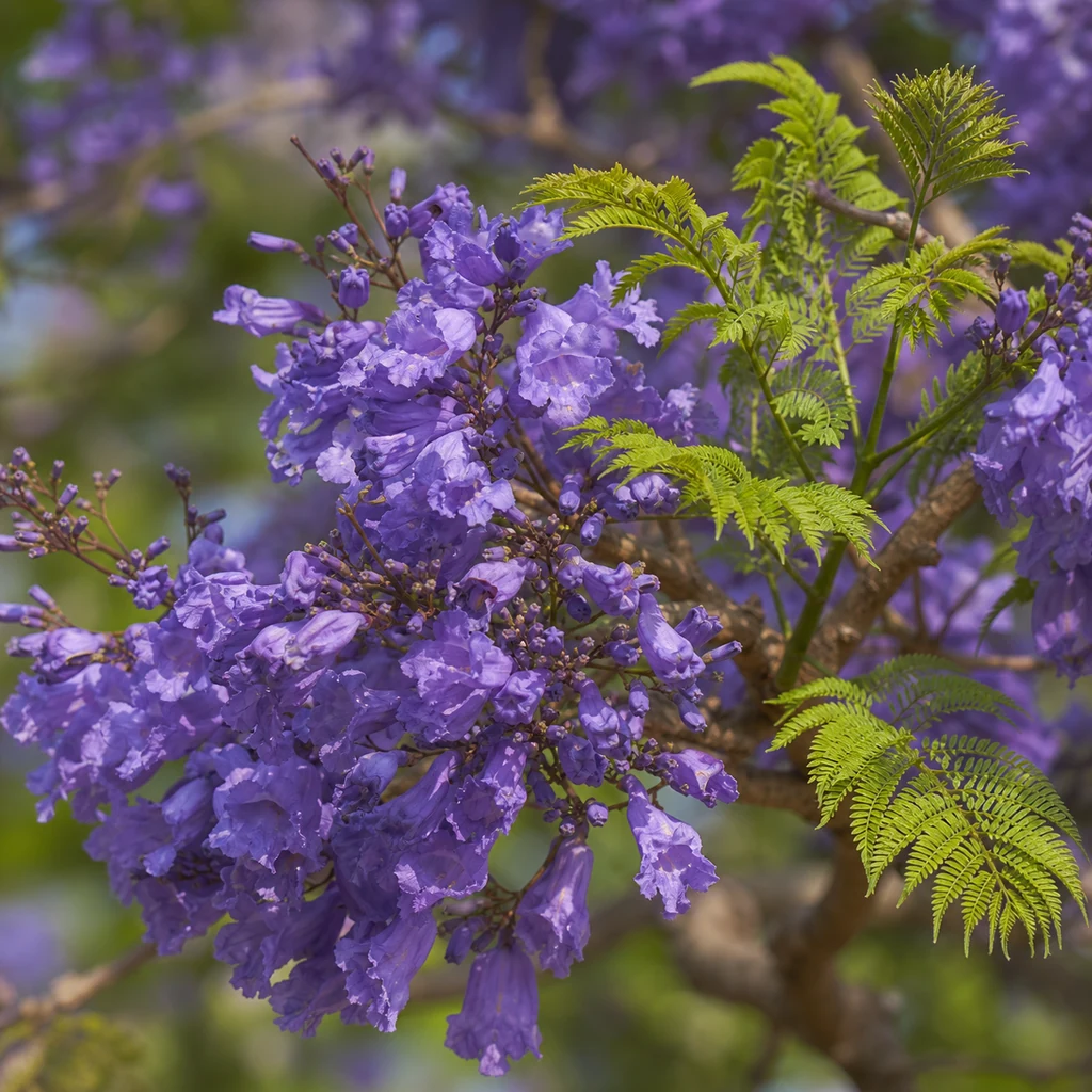 Close up of jacaranda purple blue flower clusters and delicate fernlike green leaves