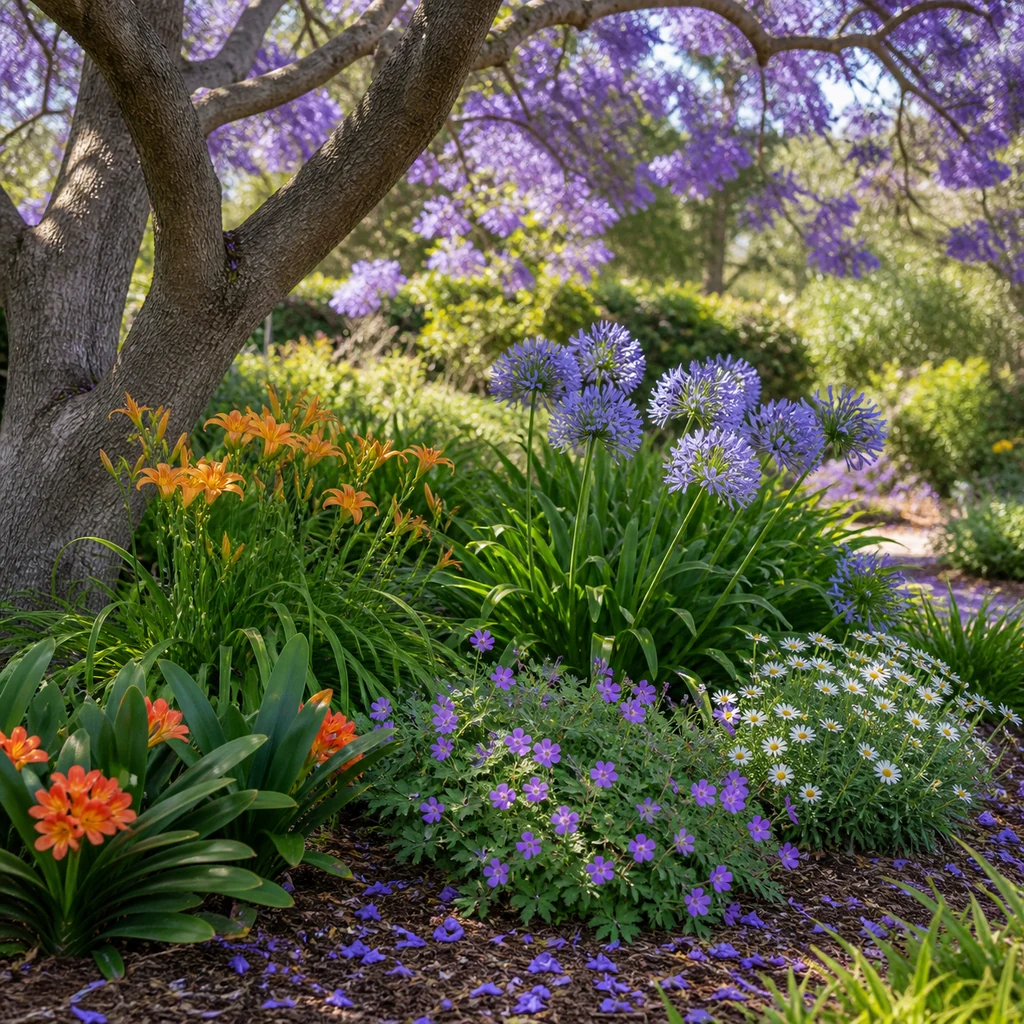 Companion planting under a jacaranda tree with daylilies, cranesbill, clivia, lily of the Nile, and Santa Barbara daisies