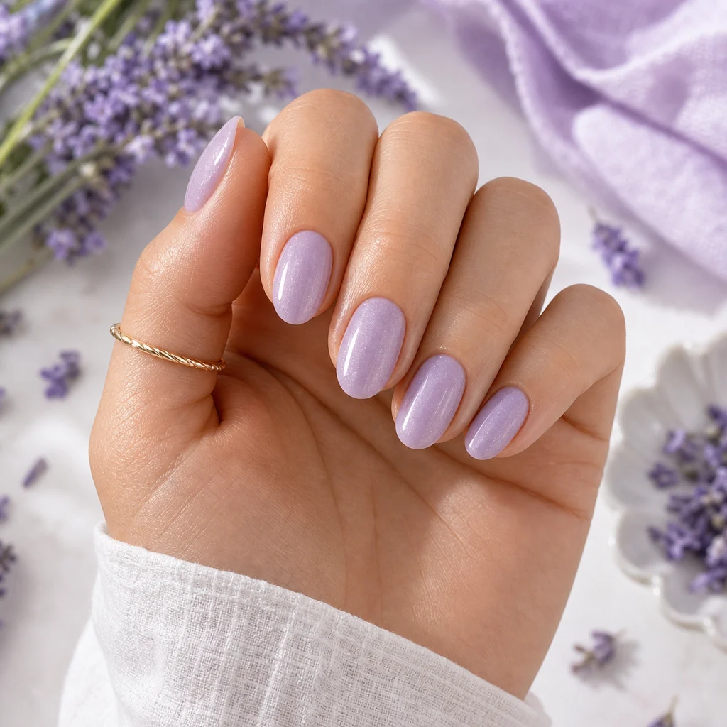 Lavender summer nails with short almond glossy pastel manicure