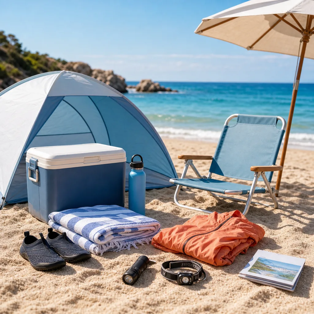 Extra gear for a longer ocean day including shade cooler chair water shoes towel and headlamp