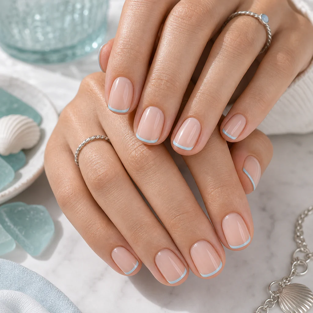Micro French summer nails with sheer nude base and pale blue tips