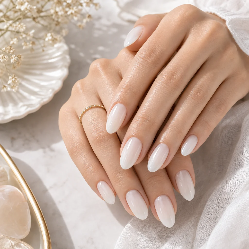 Milky white summer nails with translucent glossy almond manicure