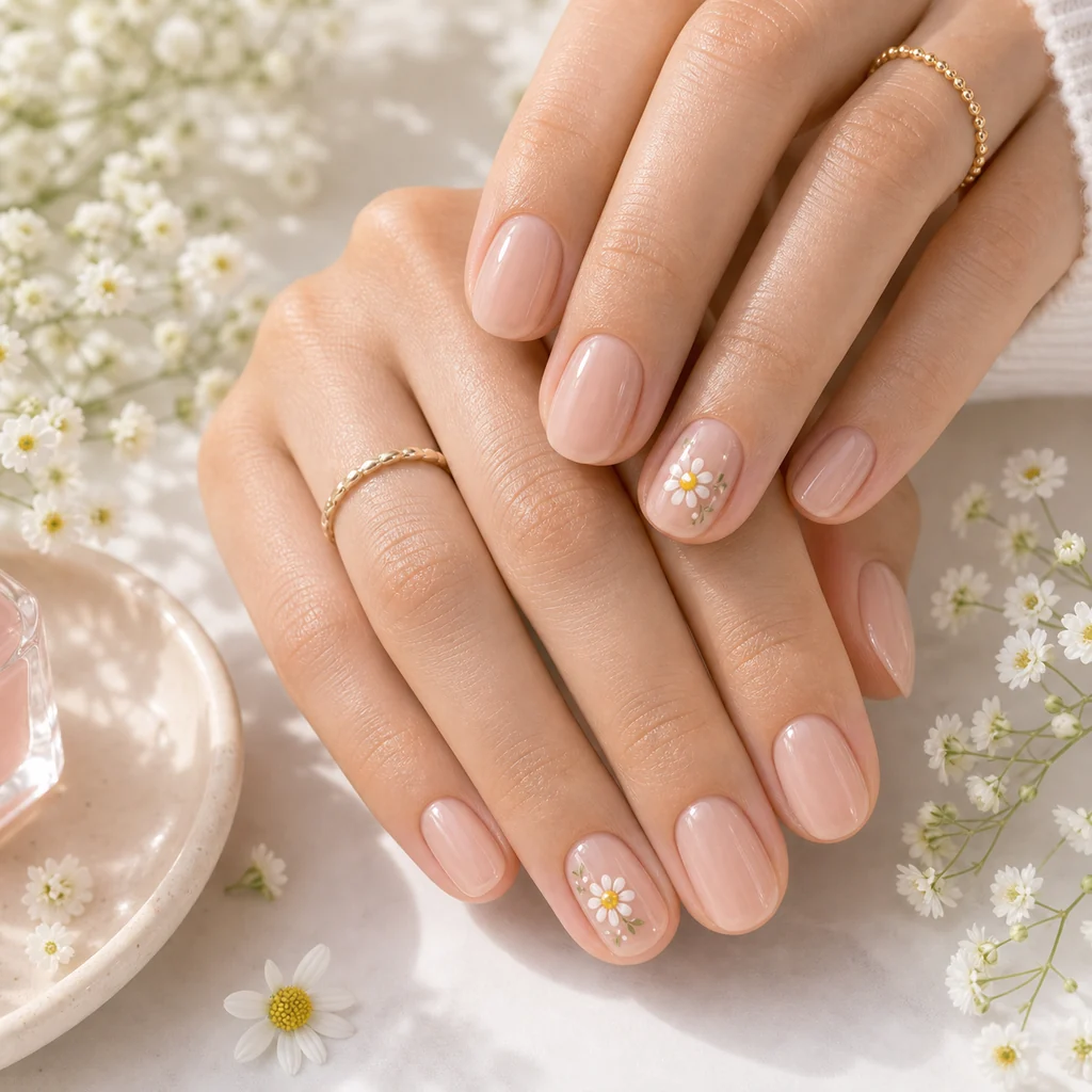 Minimal flower summer nails with tiny white floral accents on sheer nude polish