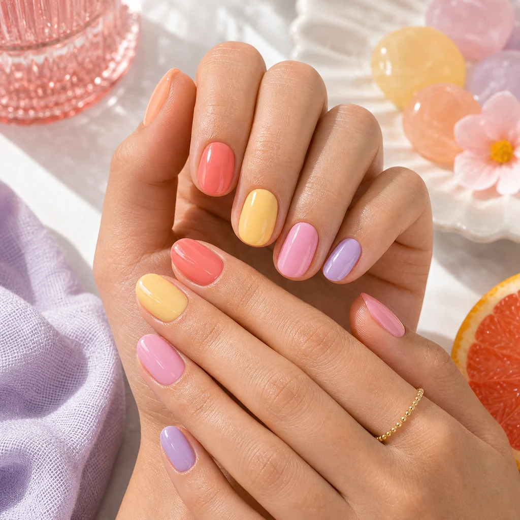 Mix and match sorbet nails with peach, coral, yellow, pink, and lavender shades