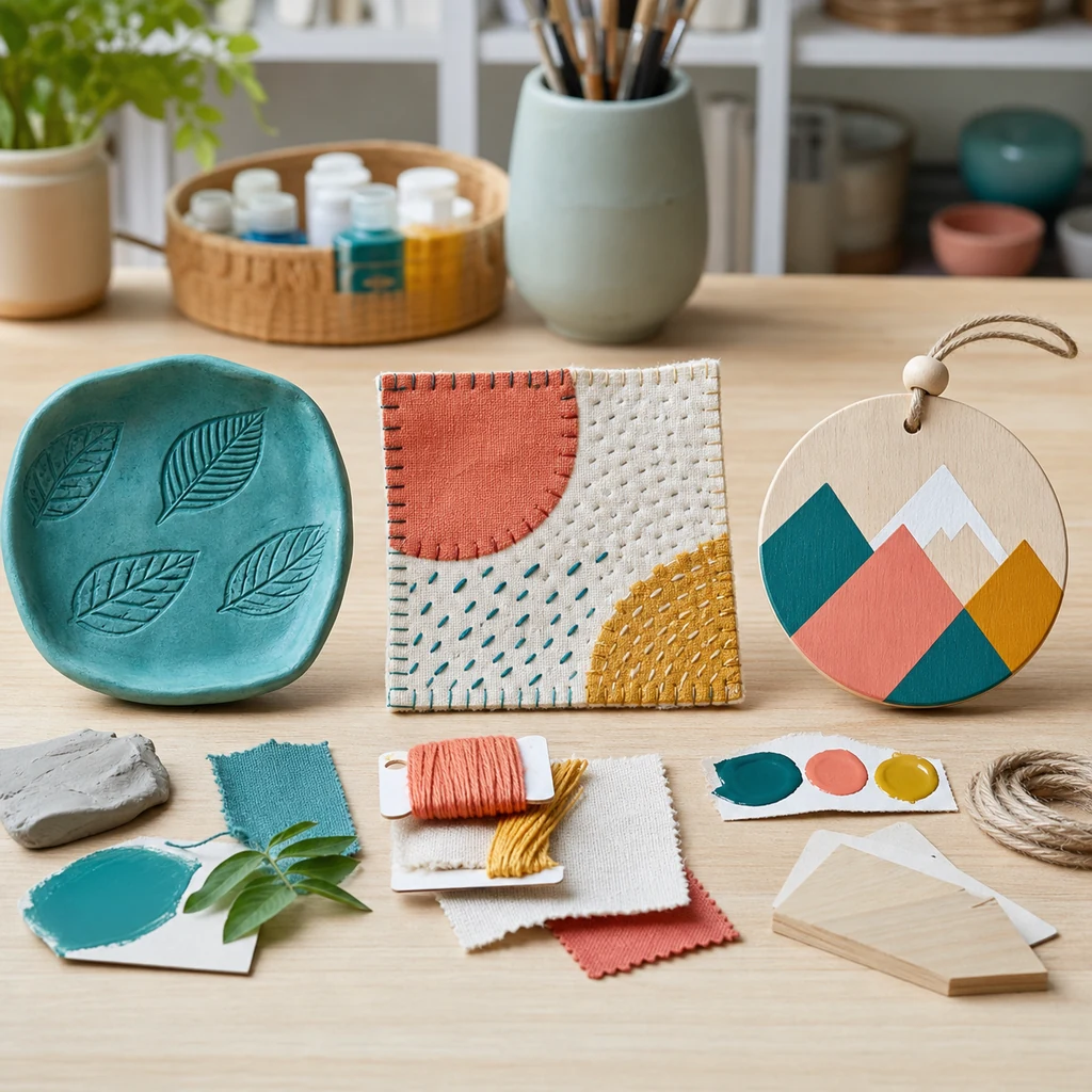 Mixed media craft prototypes including clay, fabric, and painted wood project samples