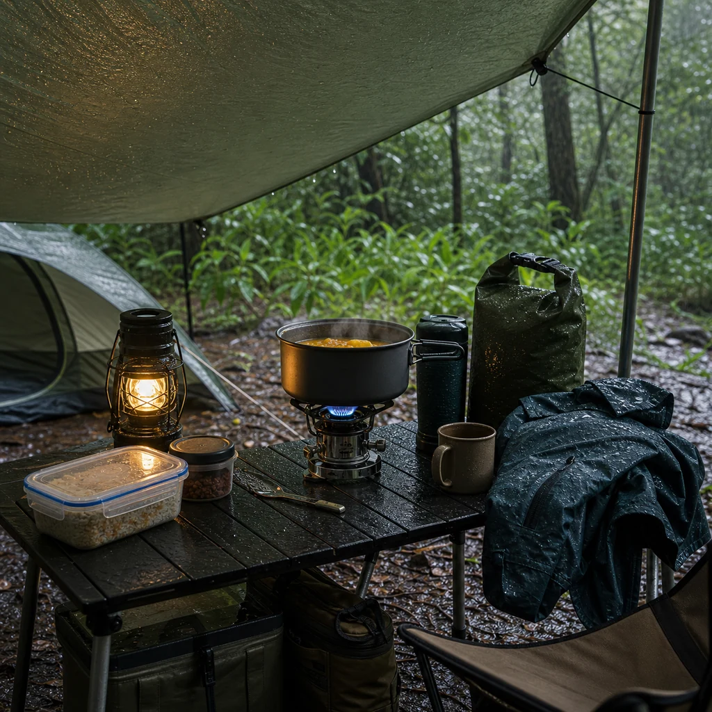 monsoon camping cooking setup under tarp with stove warm food and sealed containers