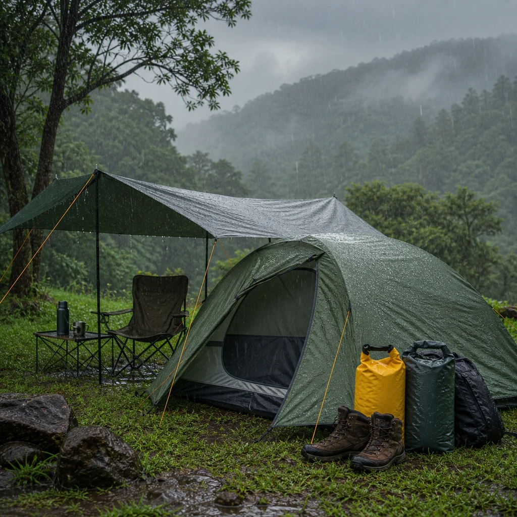 monsoon camping setup with waterproof tent tarp dry bags and rain gear