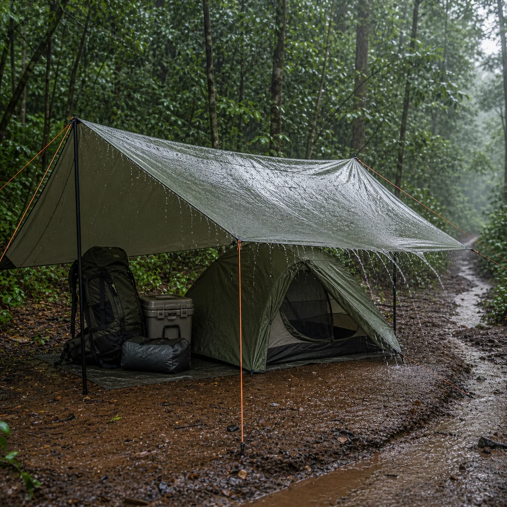 monsoon camping tarp shelter over tent with rain runoff and secured guylines